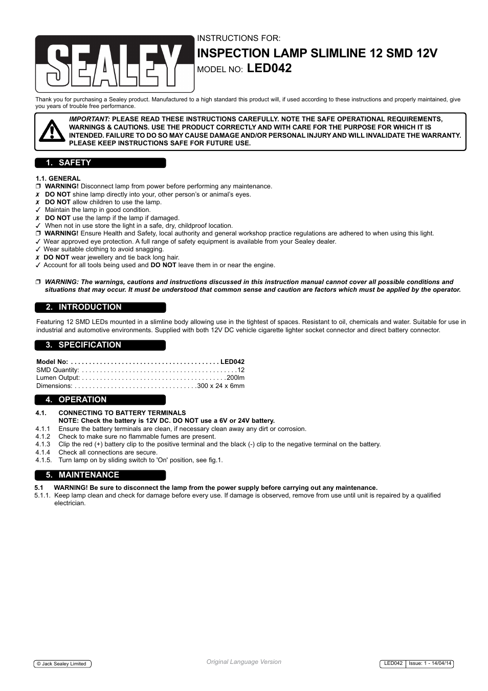 Sealey LED042 User Manual | 2 pages