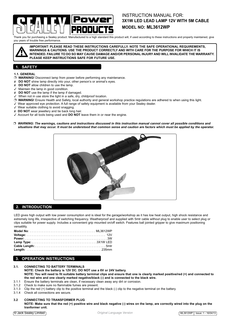 Sealey ML3612WP User Manual | 2 pages