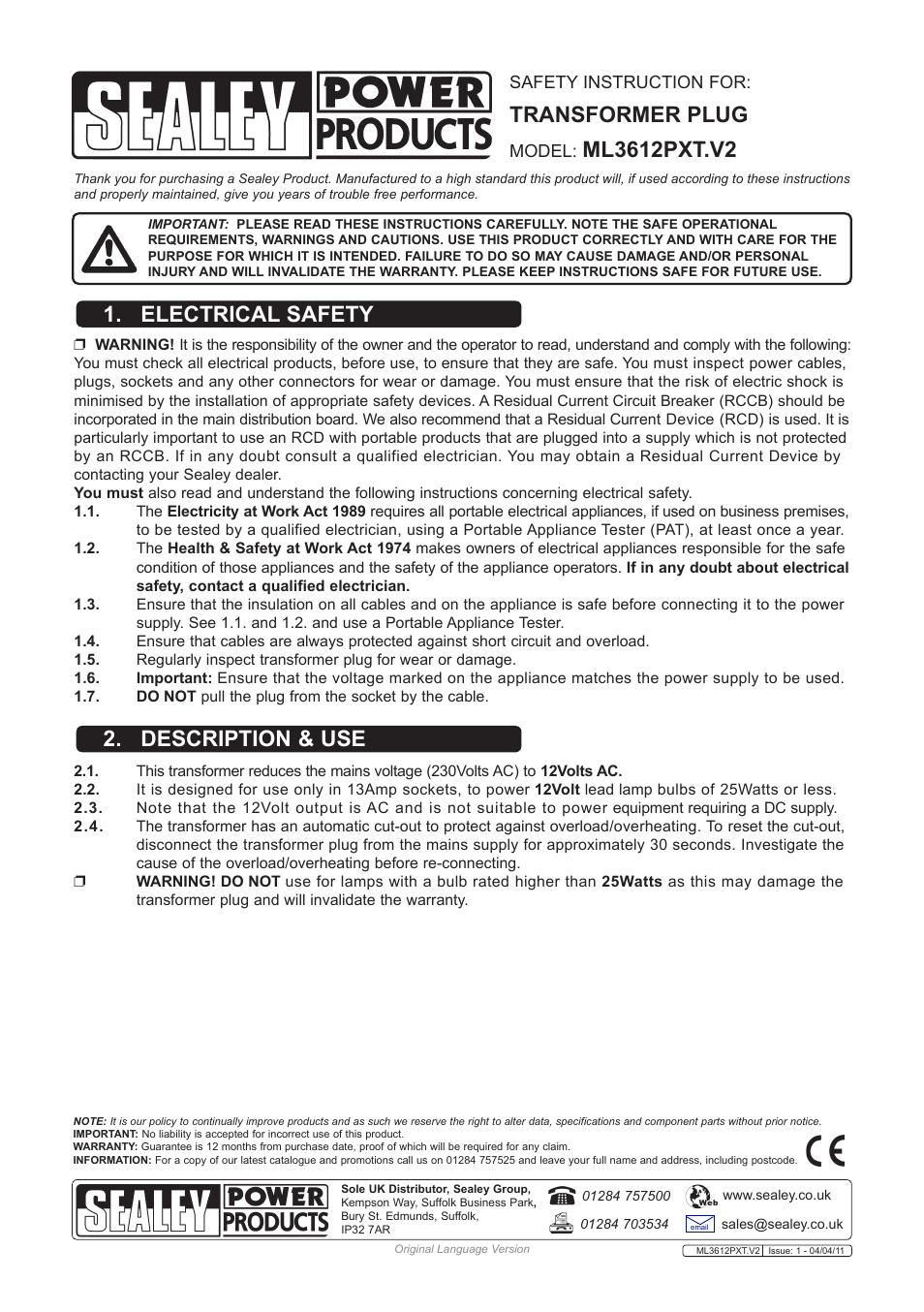 Sealey ML3612PXT User Manual | 1 page