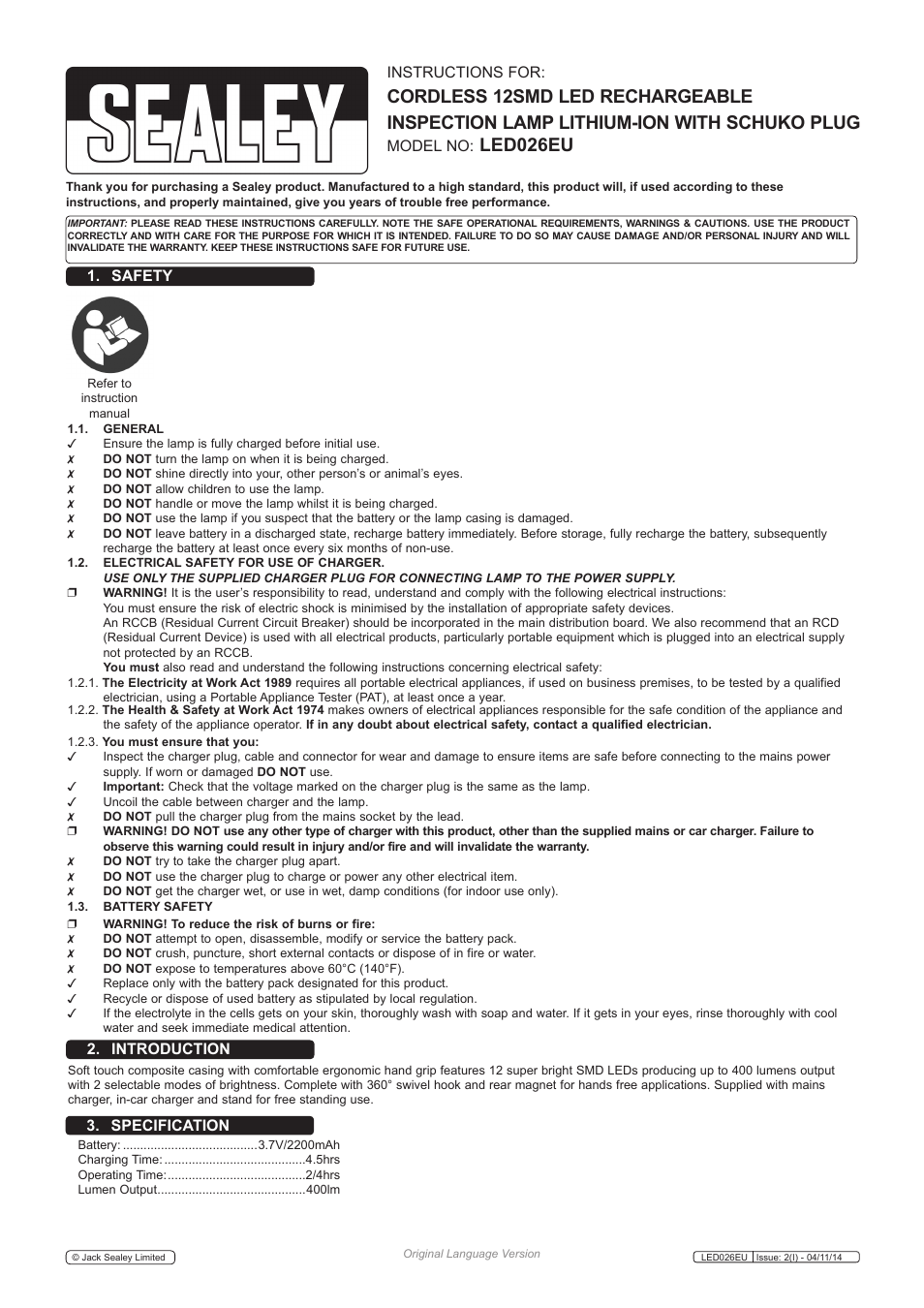 Sealey LED026EU User Manual | 2 pages