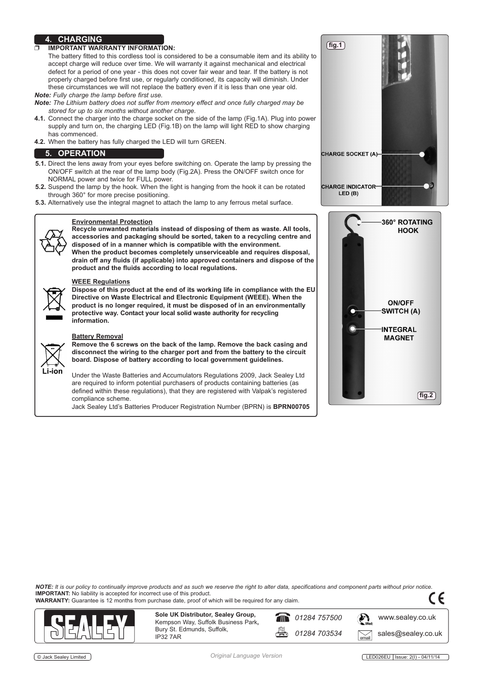 Charging 5. operation | Sealey LED026EU User Manual | Page 2 / 2