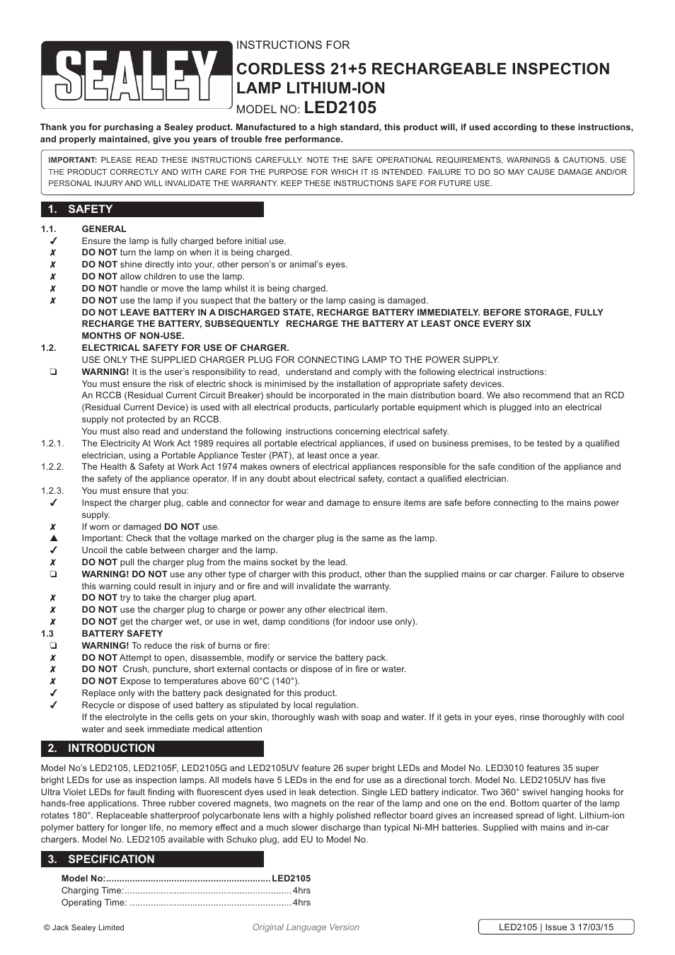 Sealey LED2105 User Manual | 3 pages