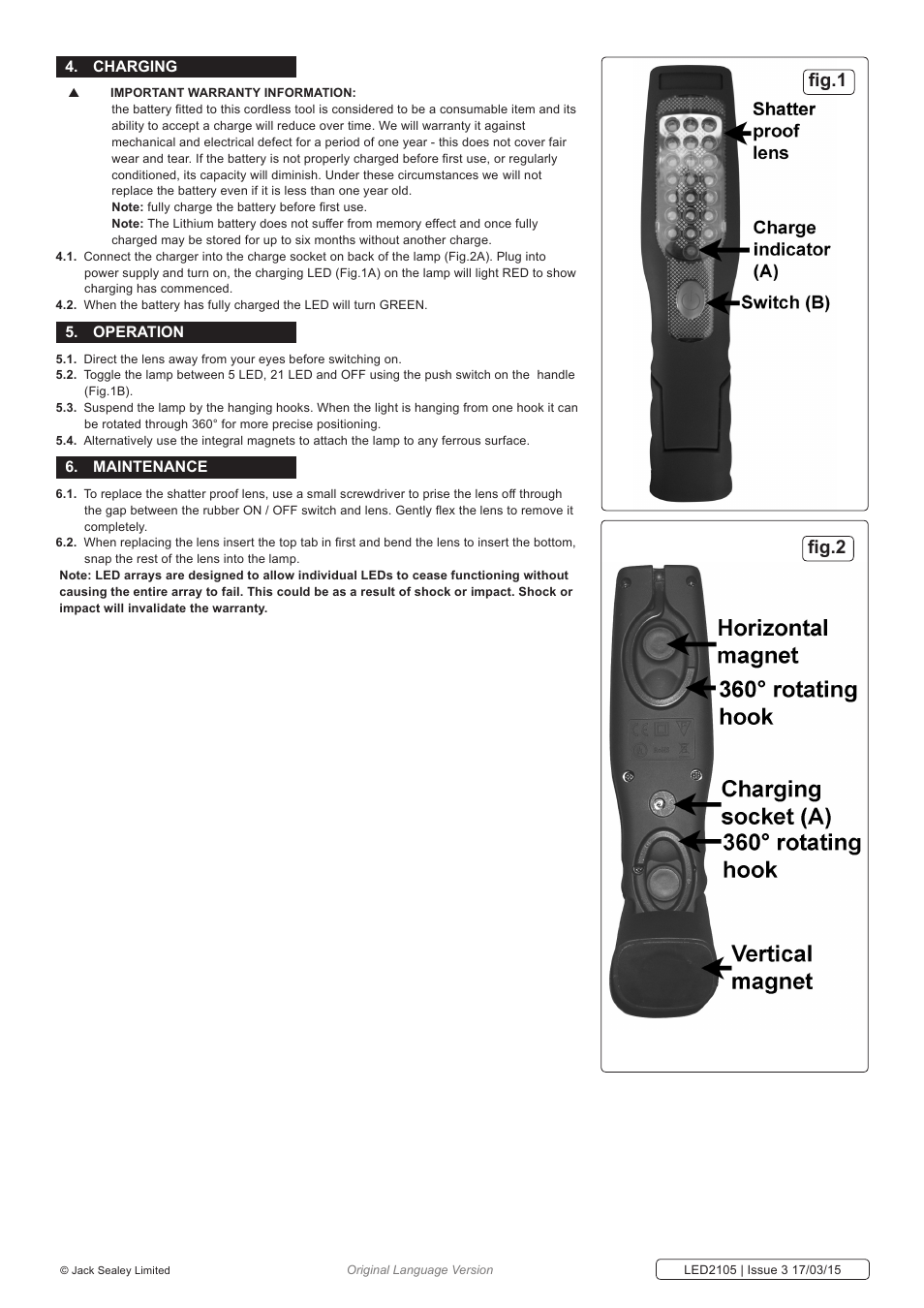 Fig.1 fig.2, Charging, Operation | Maintenance | Sealey LED2105 User Manual | Page 2 / 3