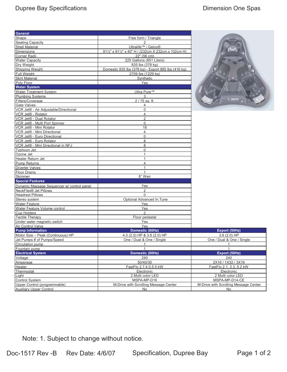 Dimension One Spas Dupree Bay User Manual | 2 pages