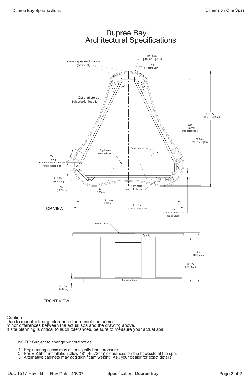 Dupree bay, Architectural specifications, Page 2 of 2 | Top view front view, Dupree bay specifications dimension one spas | Dimension One Spas Dupree Bay User Manual | Page 2 / 2