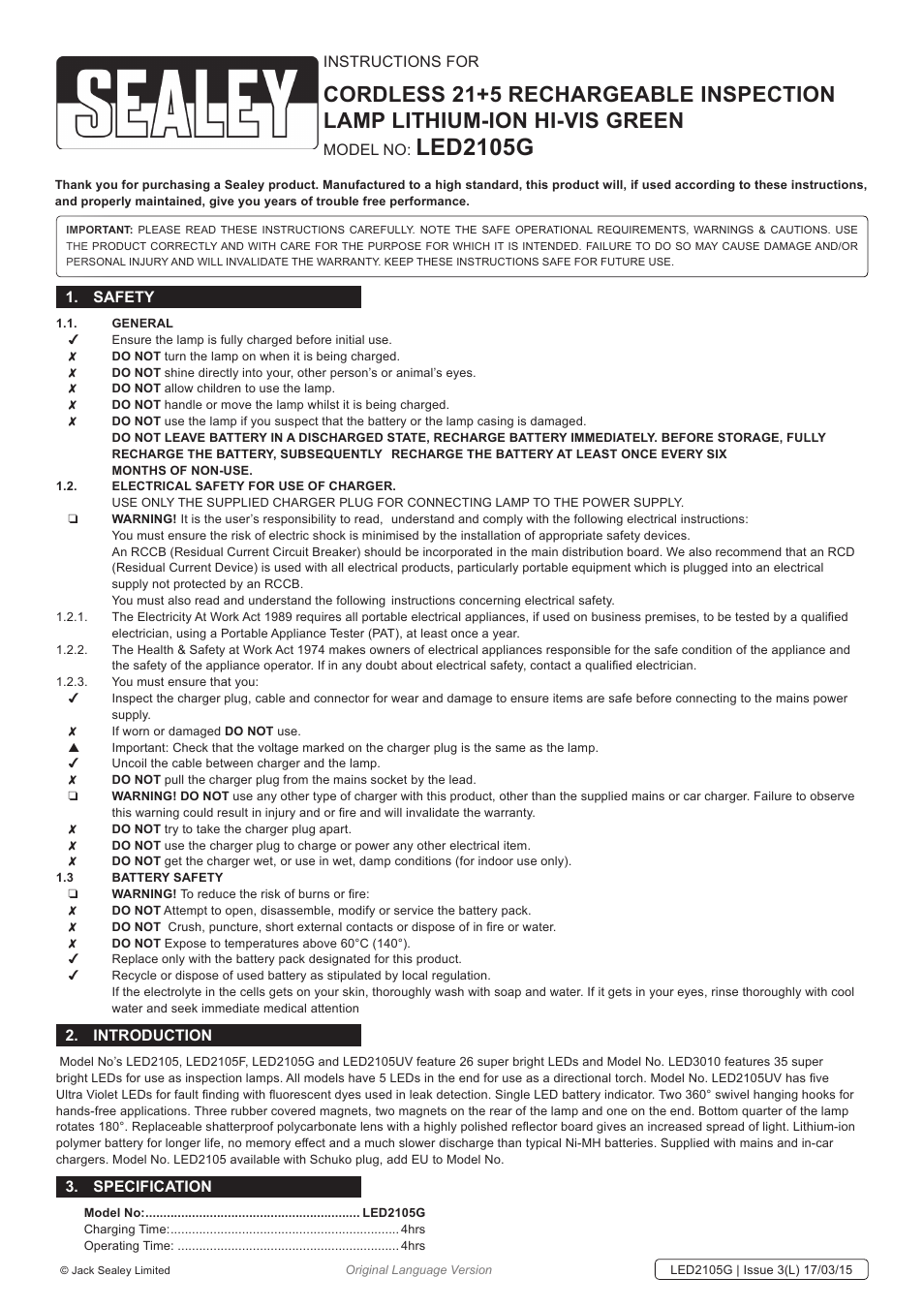 Sealey LED2105G User Manual | 3 pages
