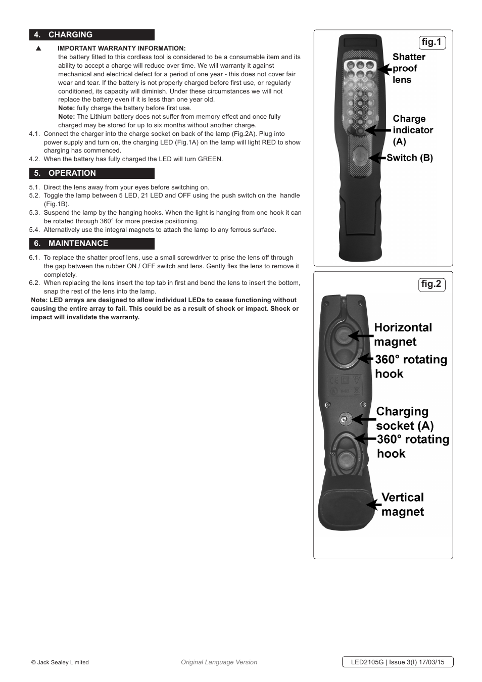Fig.1 fig.2, Charging, Operation | Maintenance | Sealey LED2105G User Manual | Page 2 / 3