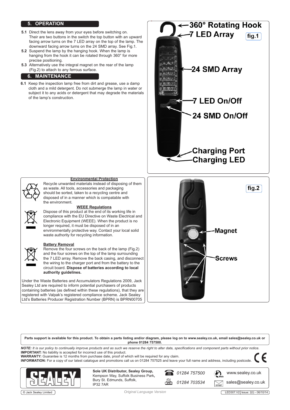 Operation 6. maintenance | Sealey LED307 User Manual | Page 2 / 2