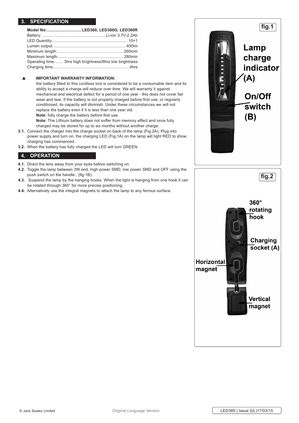 Fig.1 fig.2, Specification, Cing | Operation | Sealey LED360 User Manual | Page 2 / 3