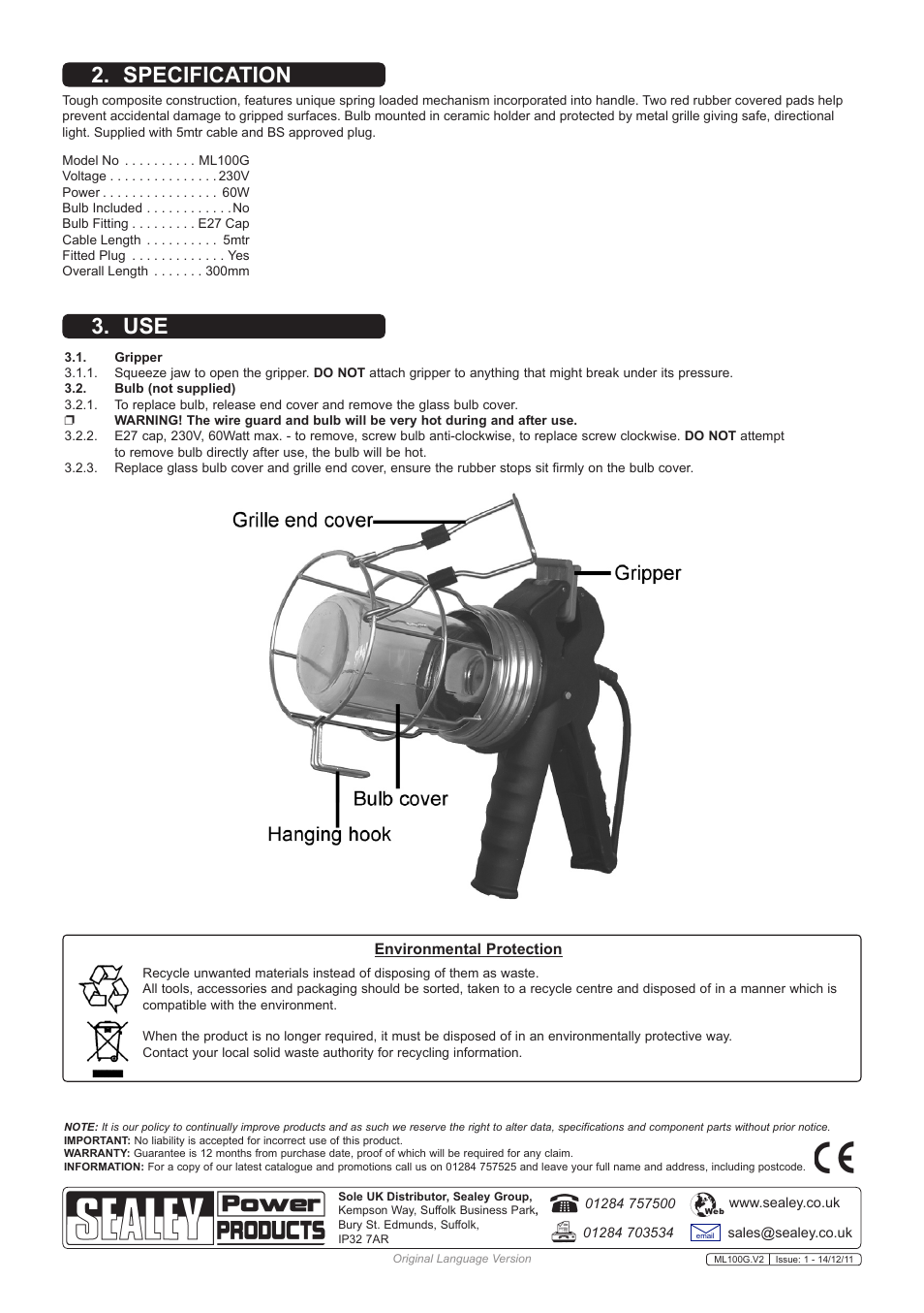 Specification | Sealey ML100G User Manual | Page 2 / 2