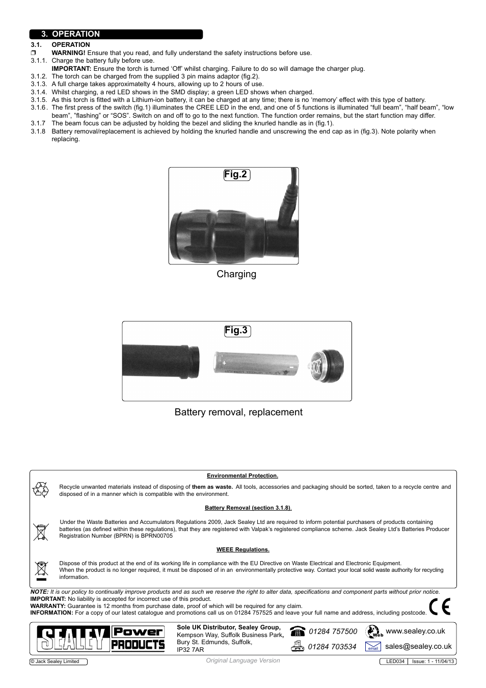 Fig.2 fig.3 charging battery removal, replacement, Operation | Sealey LED034 User Manual | Page 2 / 2