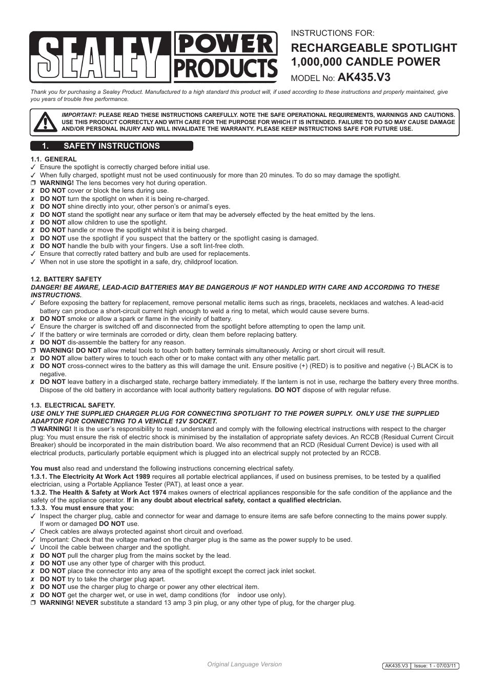 Sealey AK435 User Manual | 3 pages