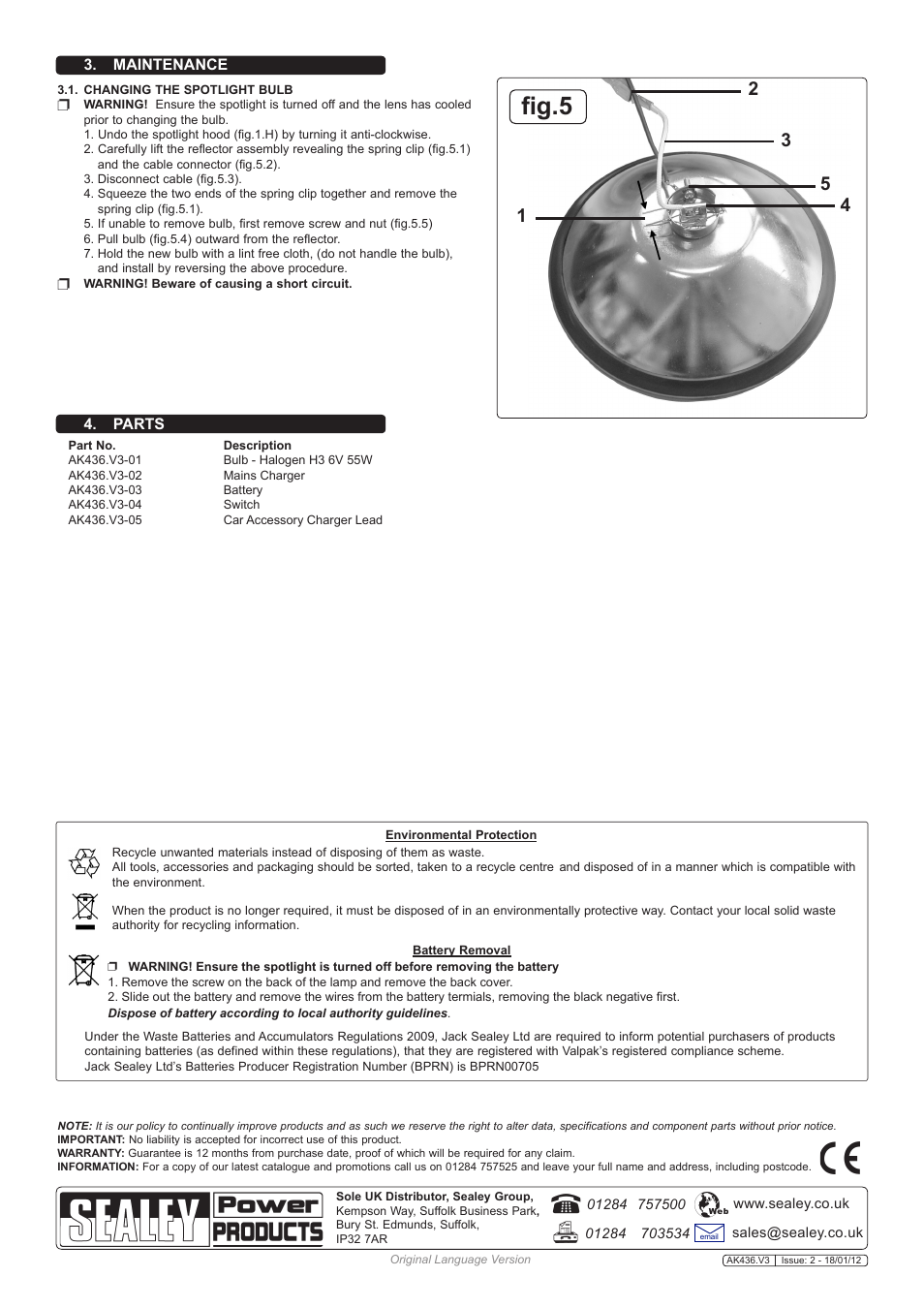 Fig.5, Maintenance, Parts | Sealey AK436 User Manual | Page 3 / 3
