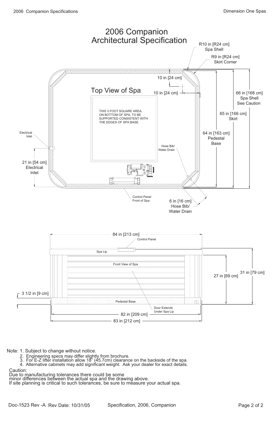 2006 companion, Architectural specification, Top view of spa | Dimension One Spas Companion User Manual | Page 2 / 2