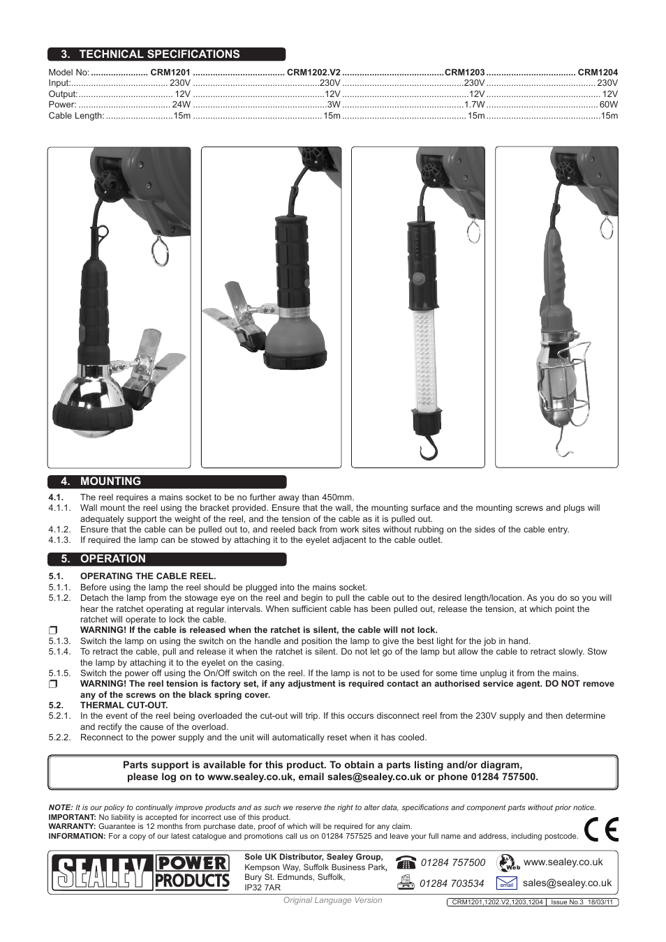 Technical specifications, Operation 4. mounting | Sealey CRM1204 User Manual | Page 2 / 2