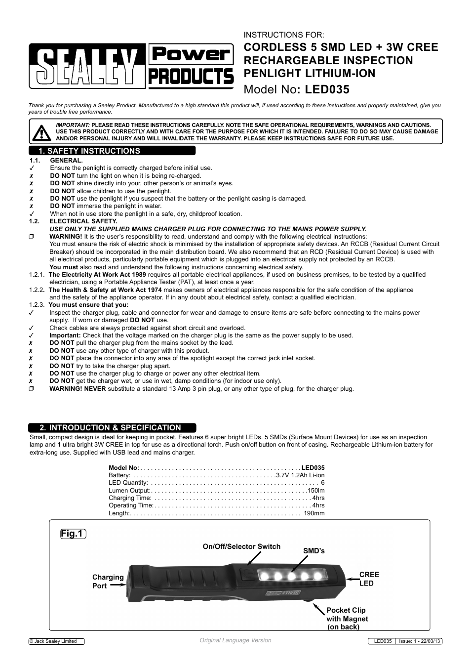 Sealey LED035 User Manual | 2 pages