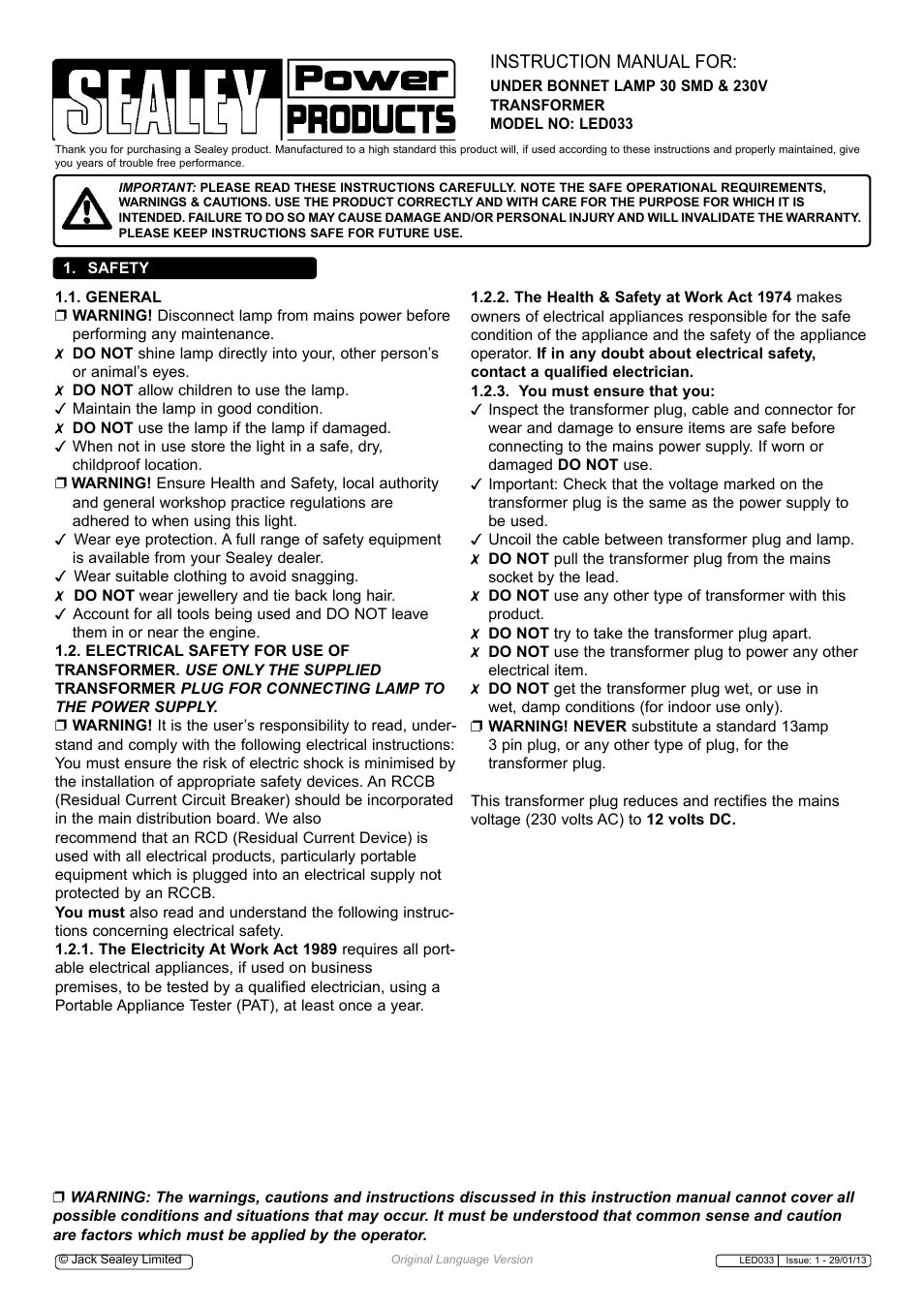 Sealey LED033 User Manual | 2 pages