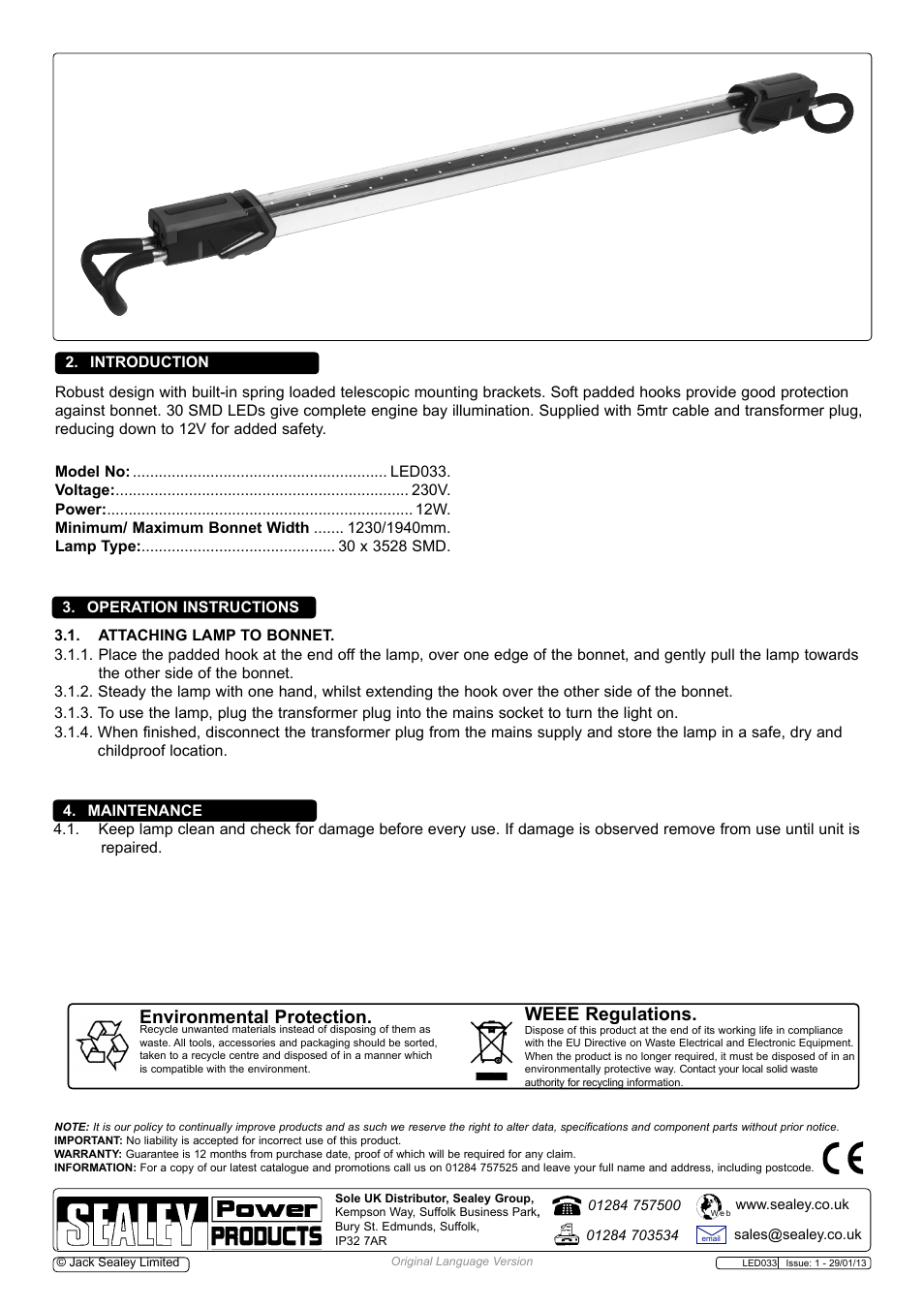 Environmental protection, Weee regulations | Sealey LED033 User Manual | Page 2 / 2