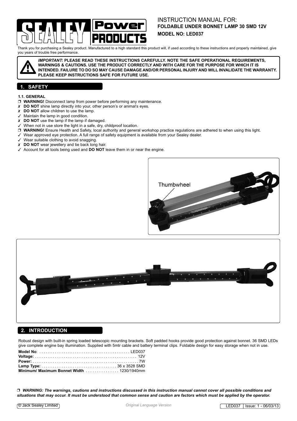 Sealey LED037 User Manual | 2 pages