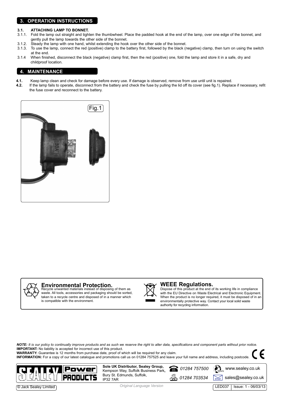 Fig.1, Environmental protection, Weee regulations | Maintenance, Operation instructions | Sealey LED037 User Manual | Page 2 / 2