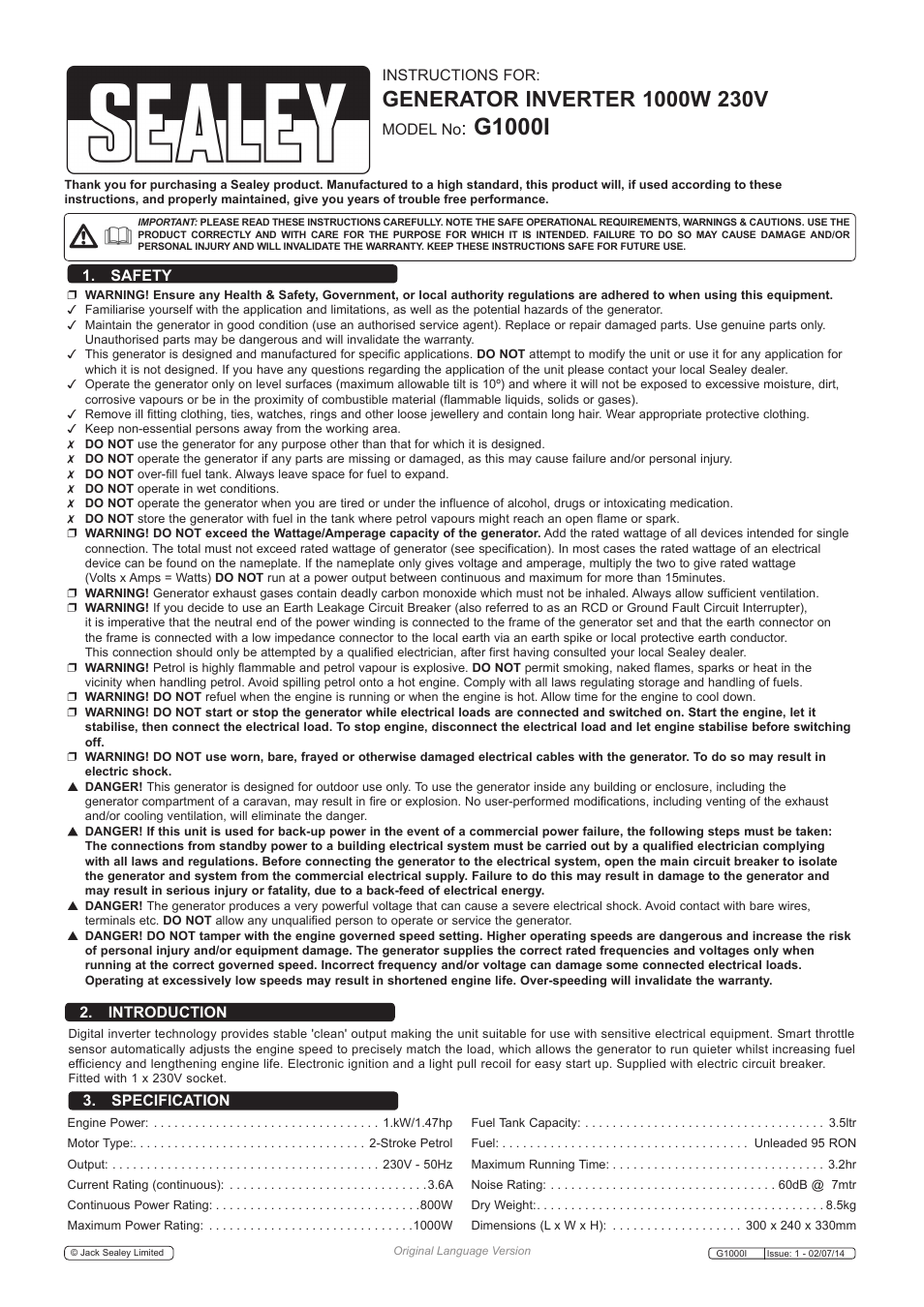 G1000i, Safety, Introduction 3. specification | Instructions for, Model no | Sealey G1000I User Manual | Page 2 / 5