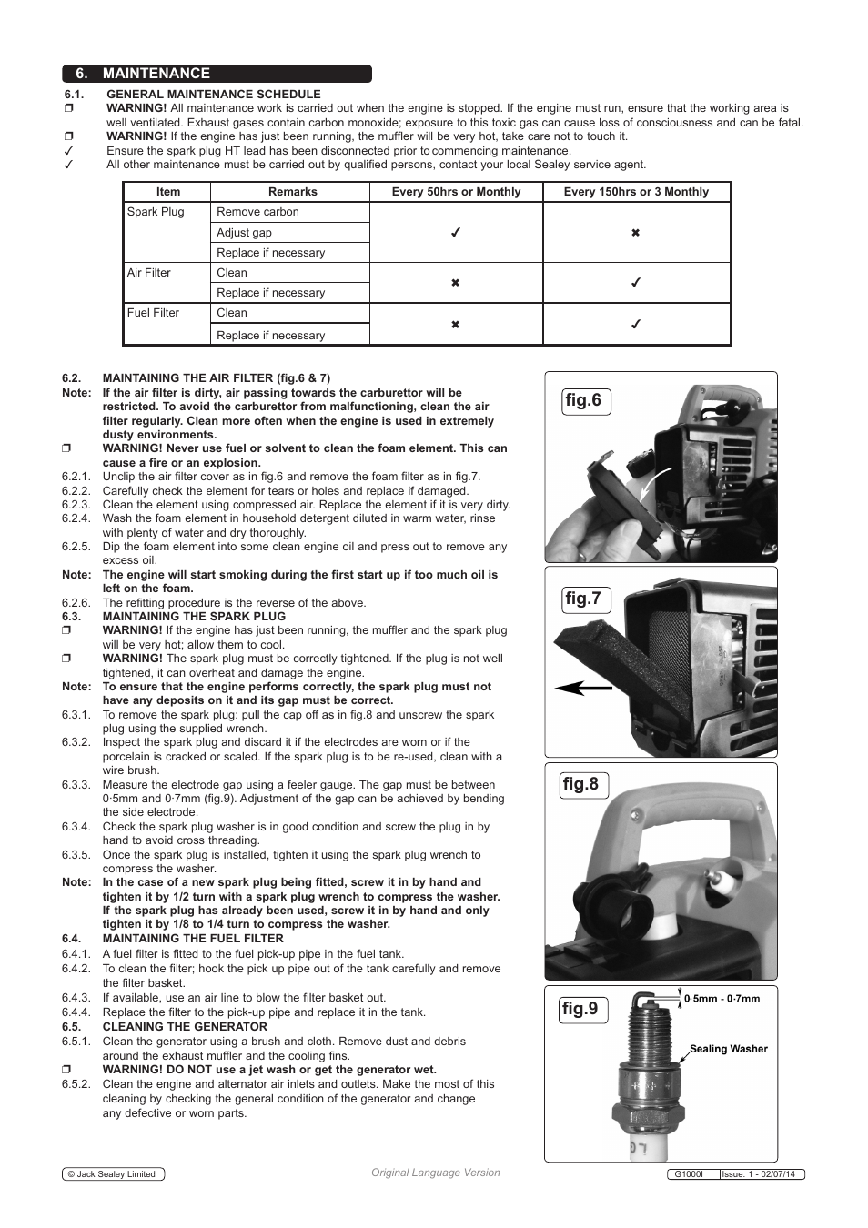 Fig.6 fig.7 fig.8 fig.9, Maintenance | Sealey G1000I User Manual | Page 4 / 5