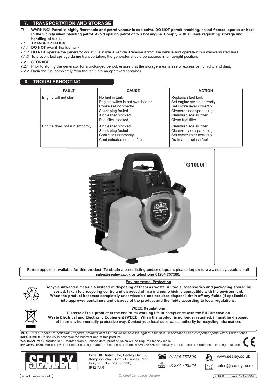 G1000i, Transportation and storage, Troubleshooting | Sealey G1000I User Manual | Page 5 / 5