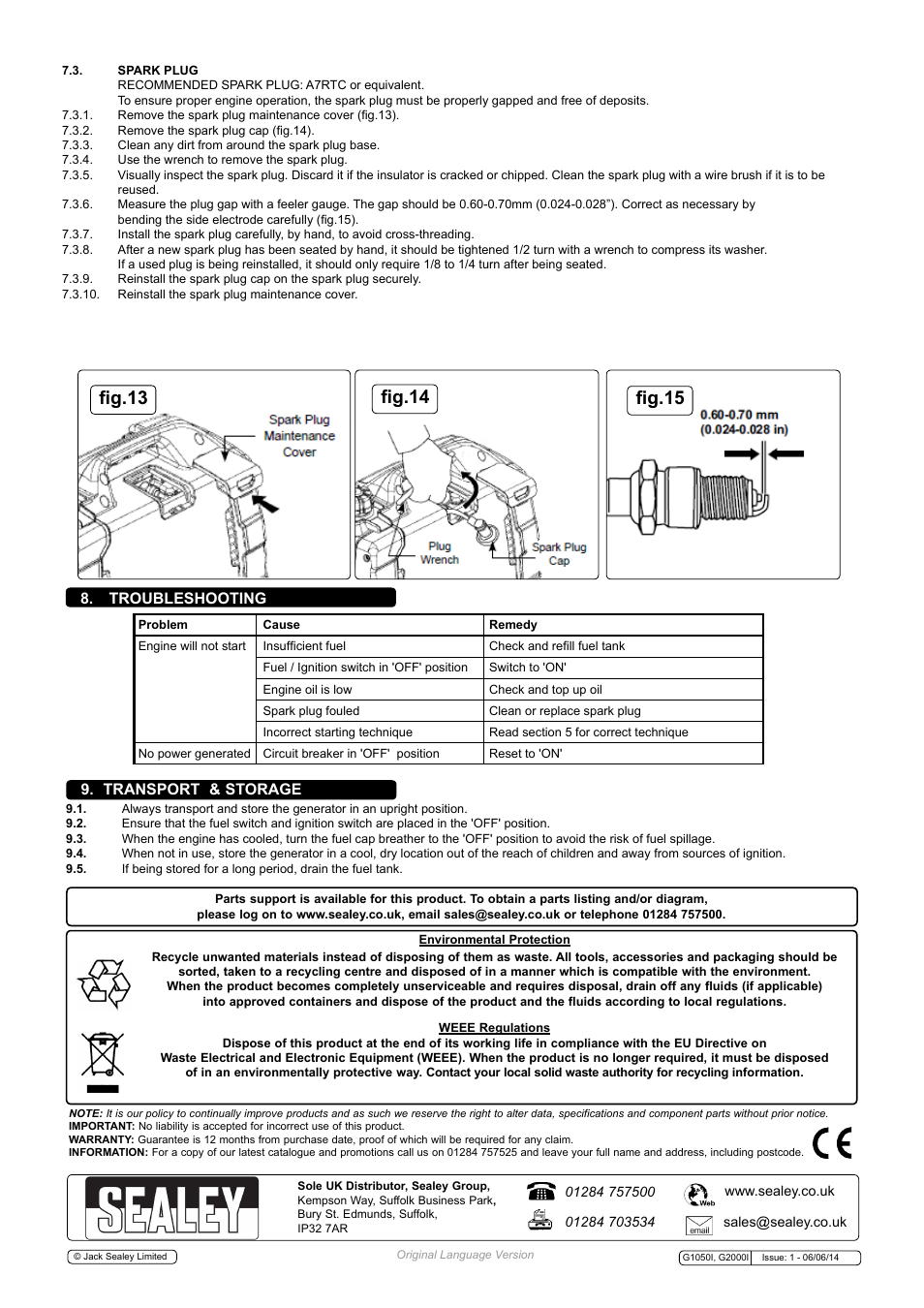 Troubleshooting 9. transport & storage | Sealey G1050I User Manual | Page 5 / 5