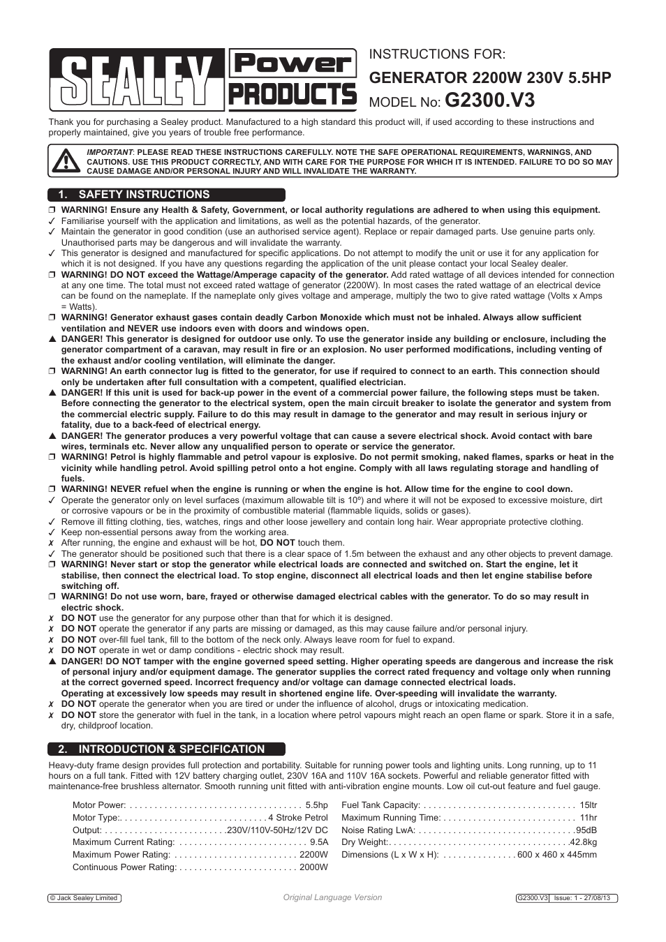 Sealey G2300 User Manual | 4 pages