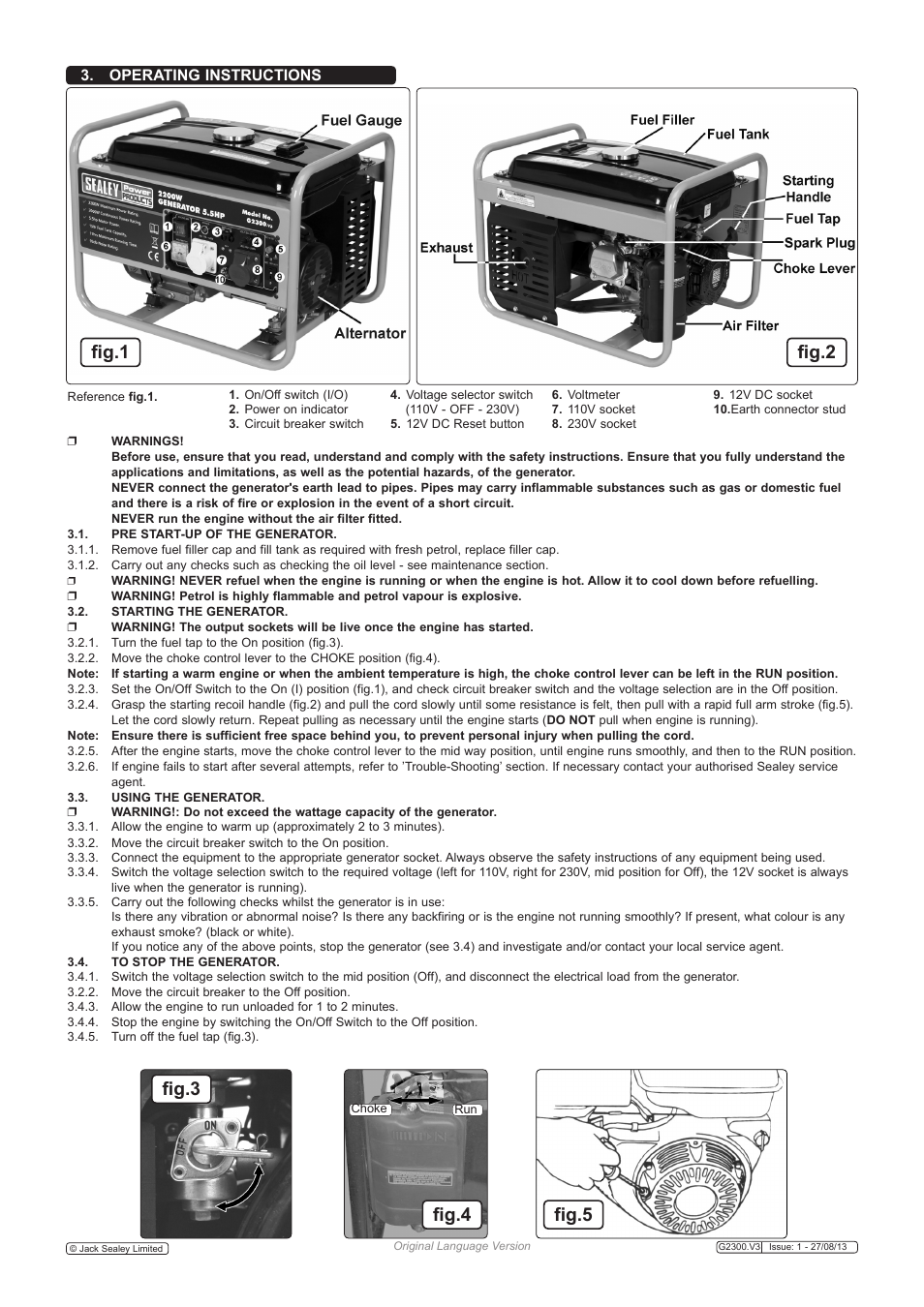 Fig.1, Fig.2 fig.3 fig.4 fig.5, Operating instructions | Sealey G2300 User Manual | Page 2 / 4