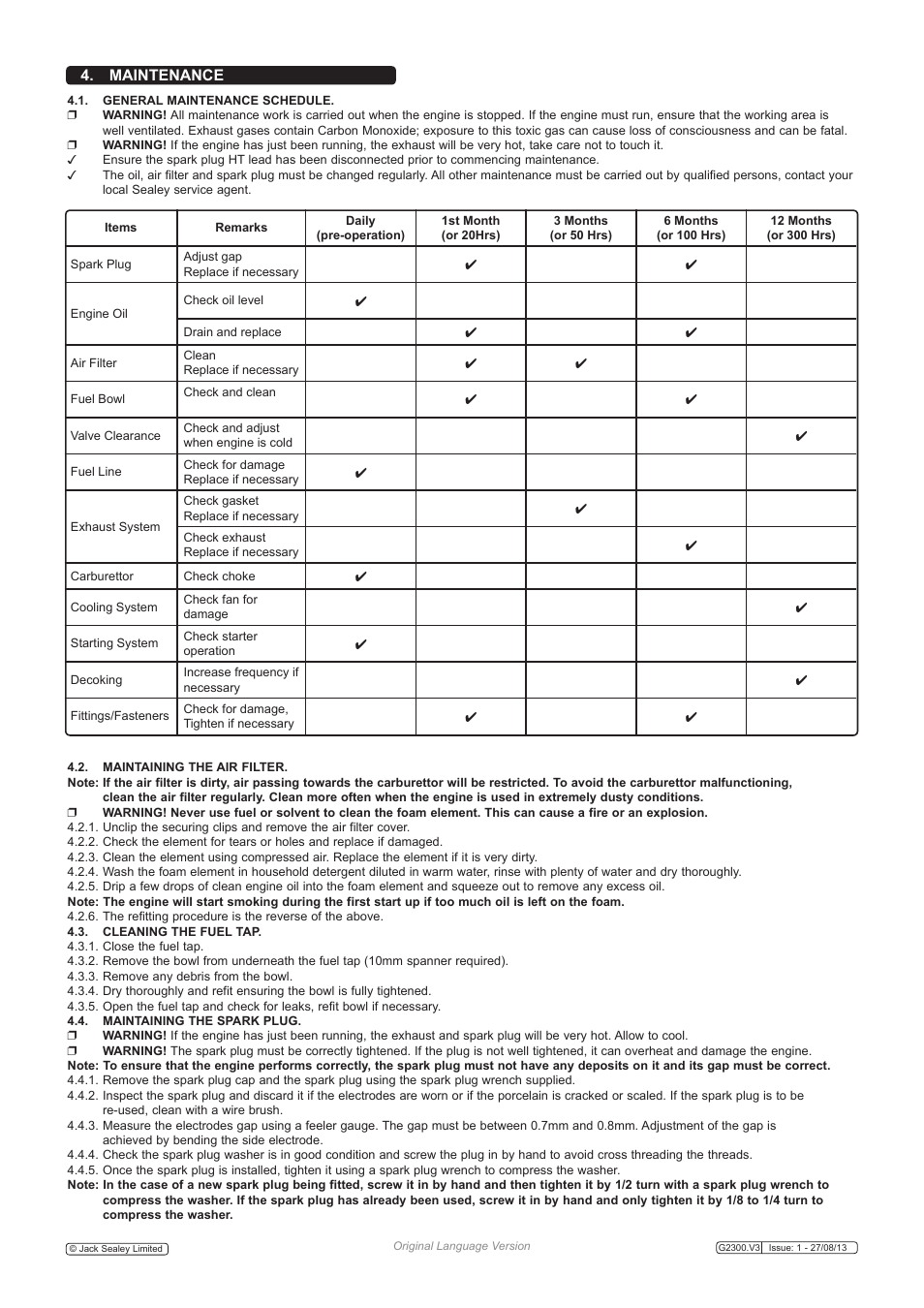 Maintenance | Sealey G2300 User Manual | Page 3 / 4