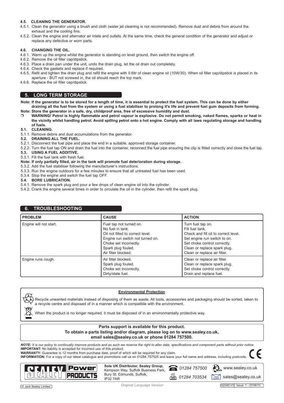 Long term storage, Troubleshooting | Sealey G2300 User Manual | Page 4 / 4