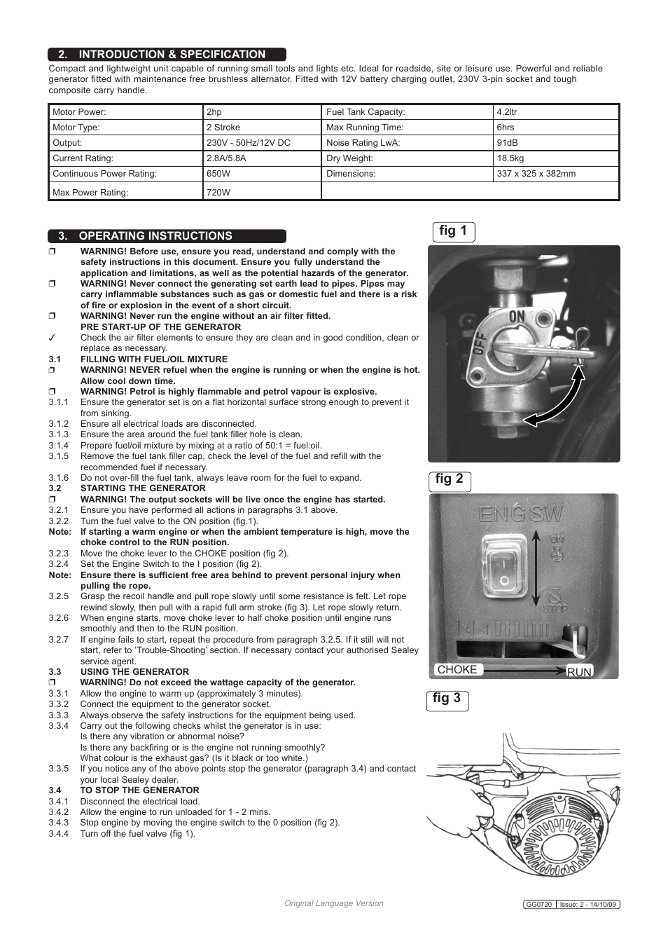 Fig 1 fig 2 fig 3, Operating instructions, Introduction & specification | Run choke | Sealey GG0720 User Manual | Page 2 / 4