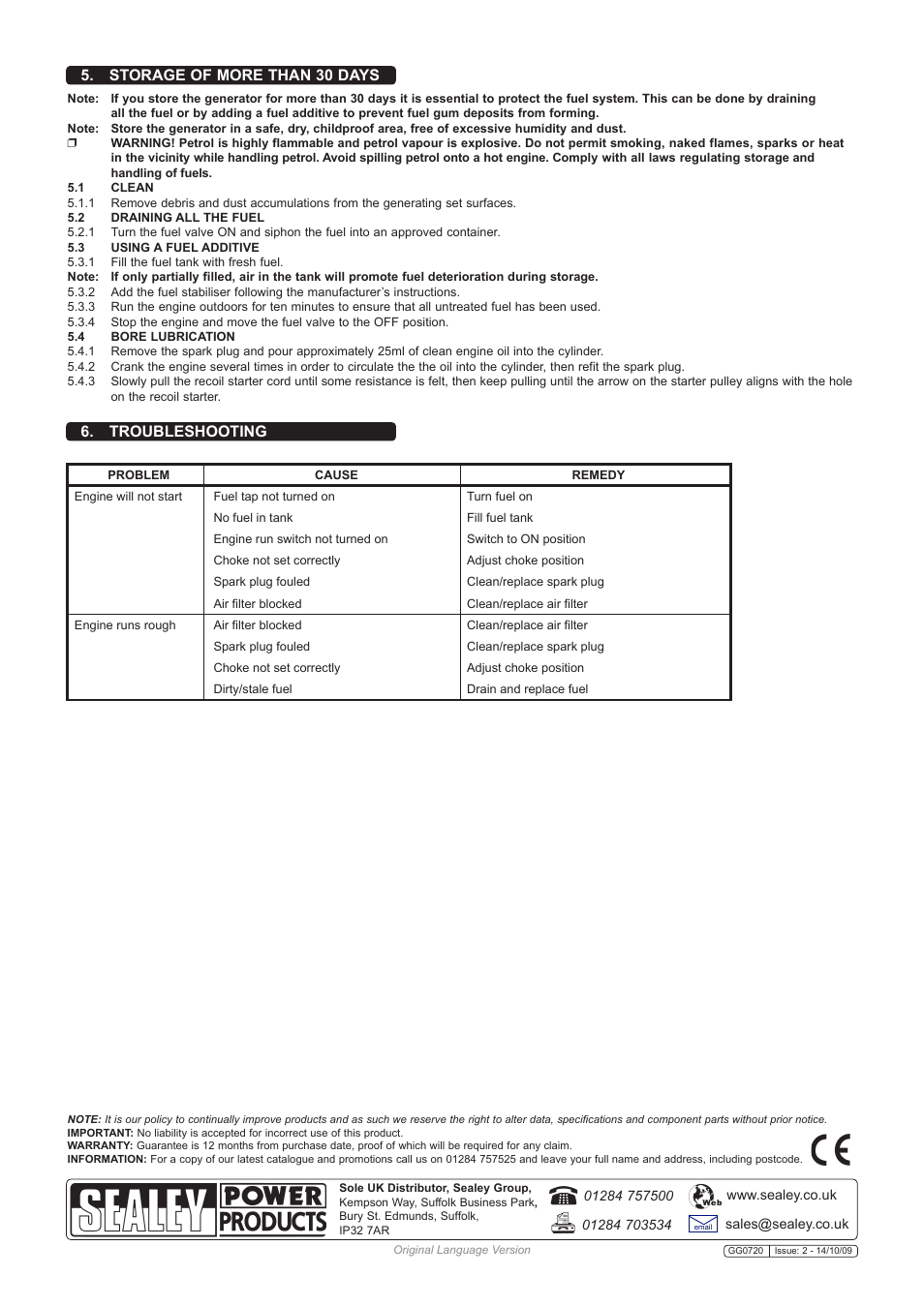 Storage of more than 30 days, Troubleshooting | Sealey GG0720 User Manual | Page 4 / 4