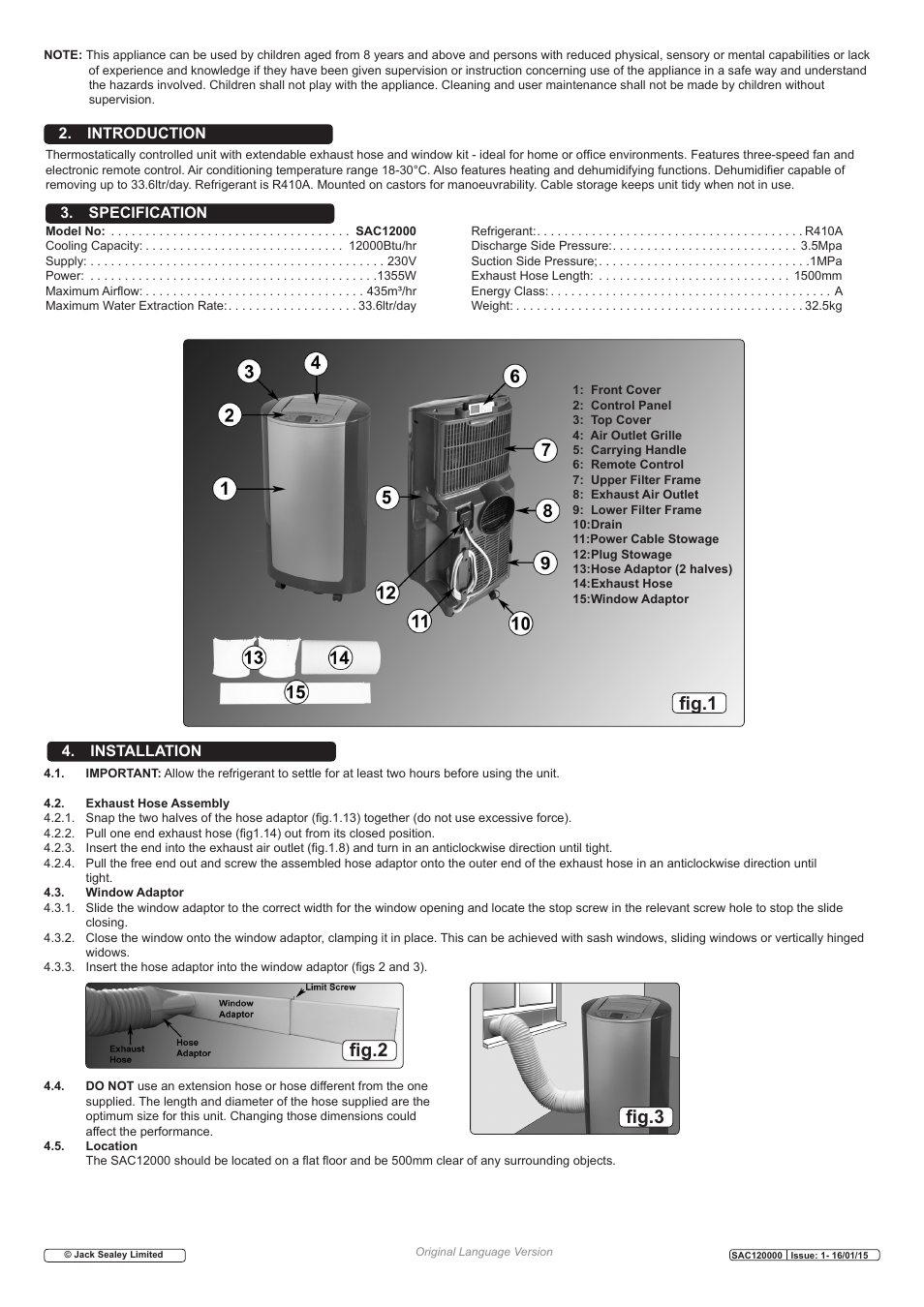 Fig.1, Fig.2 fig.3, Introduction 3. specification 4. installation | Sealey SAC12000 User Manual | Page 2 / 4