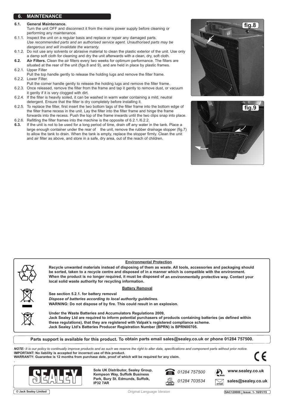 Fig.8 fig.9, Maintenance | Sealey SAC12000 User Manual | Page 4 / 4