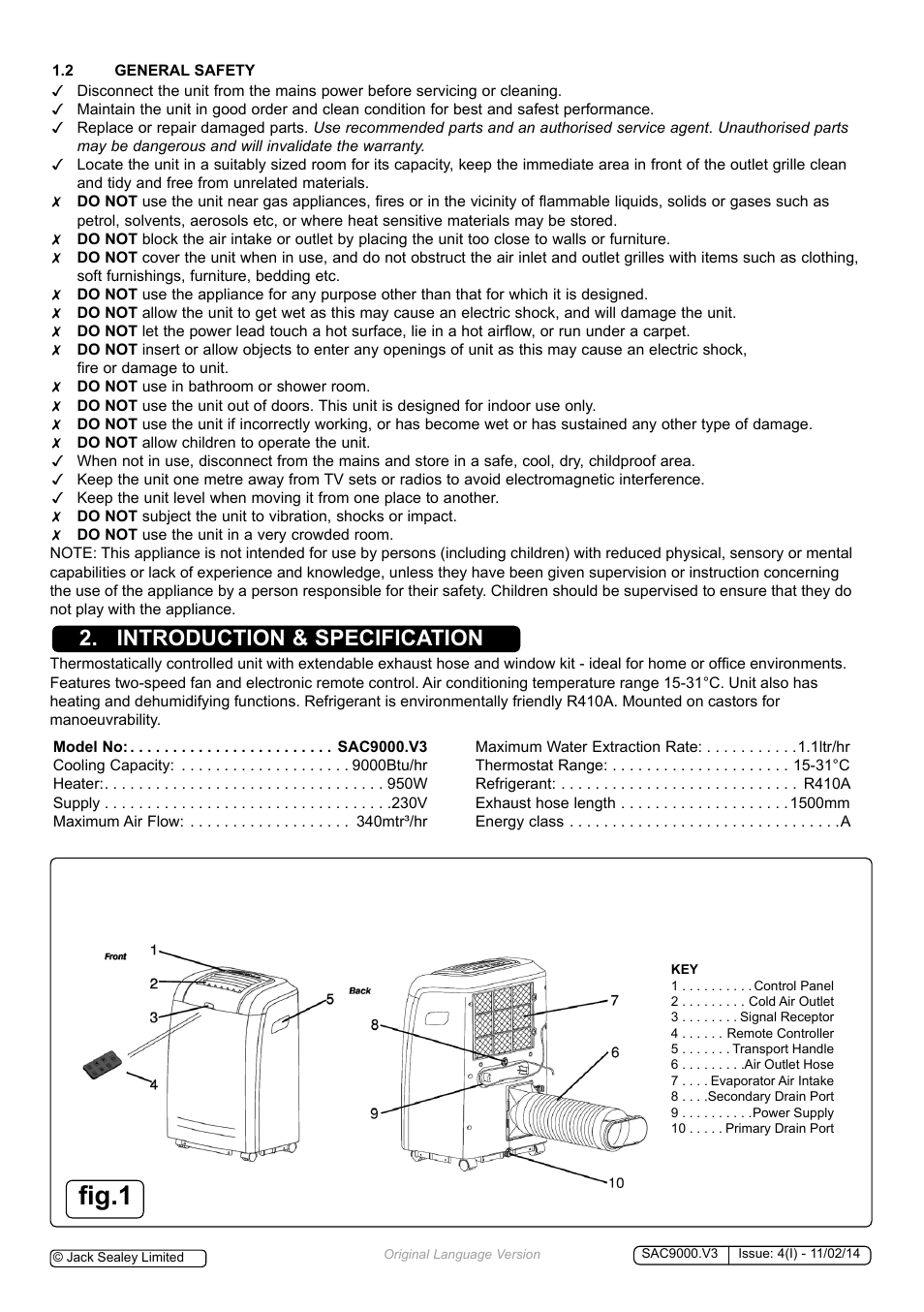 Fig.1, Introduction & specification | Sealey SAC9000 User Manual | Page 2 / 7