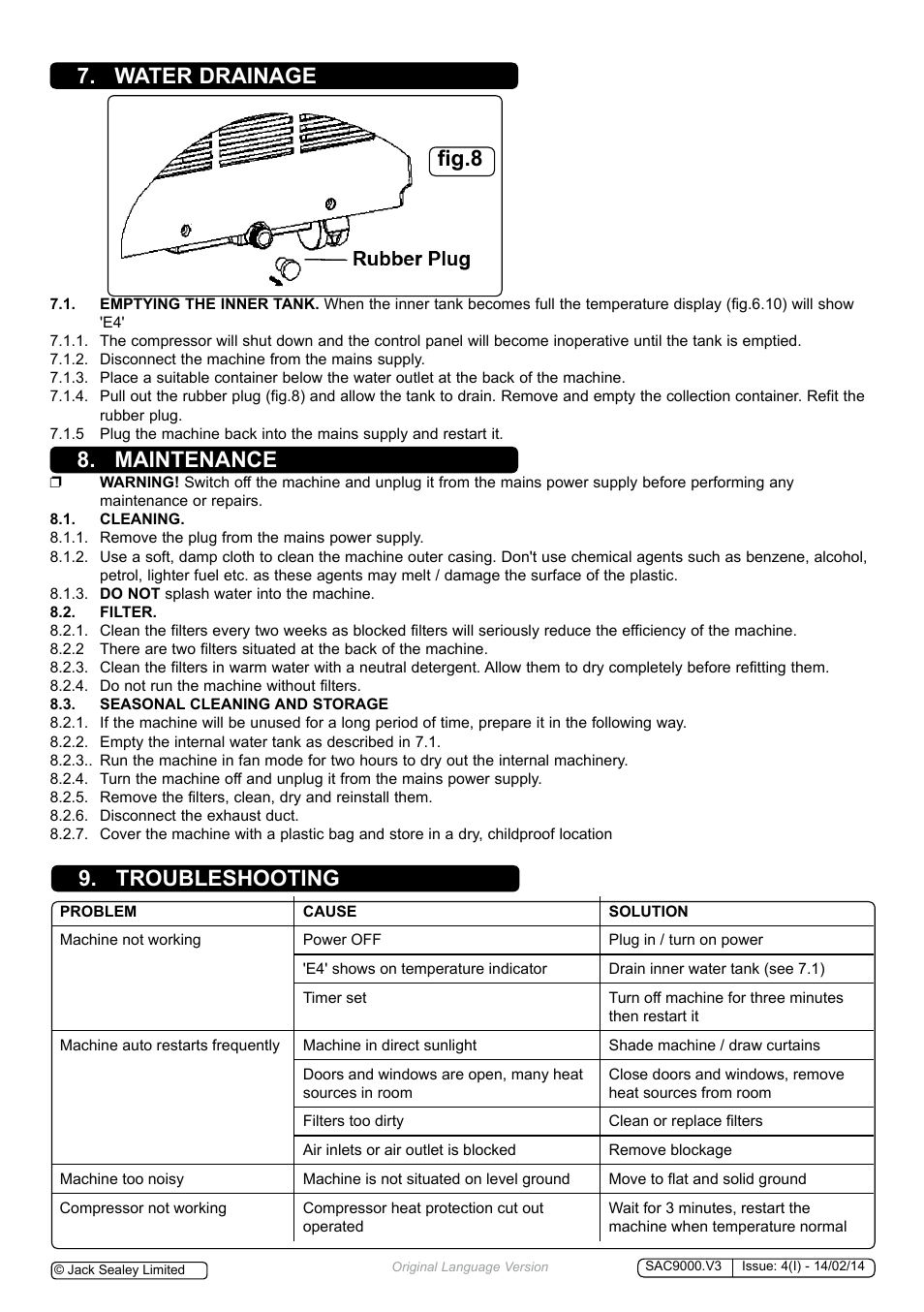 Water drainage 8. maintenance, Fig.8 9. troubleshooting | Sealey SAC9000 User Manual | Page 6 / 7