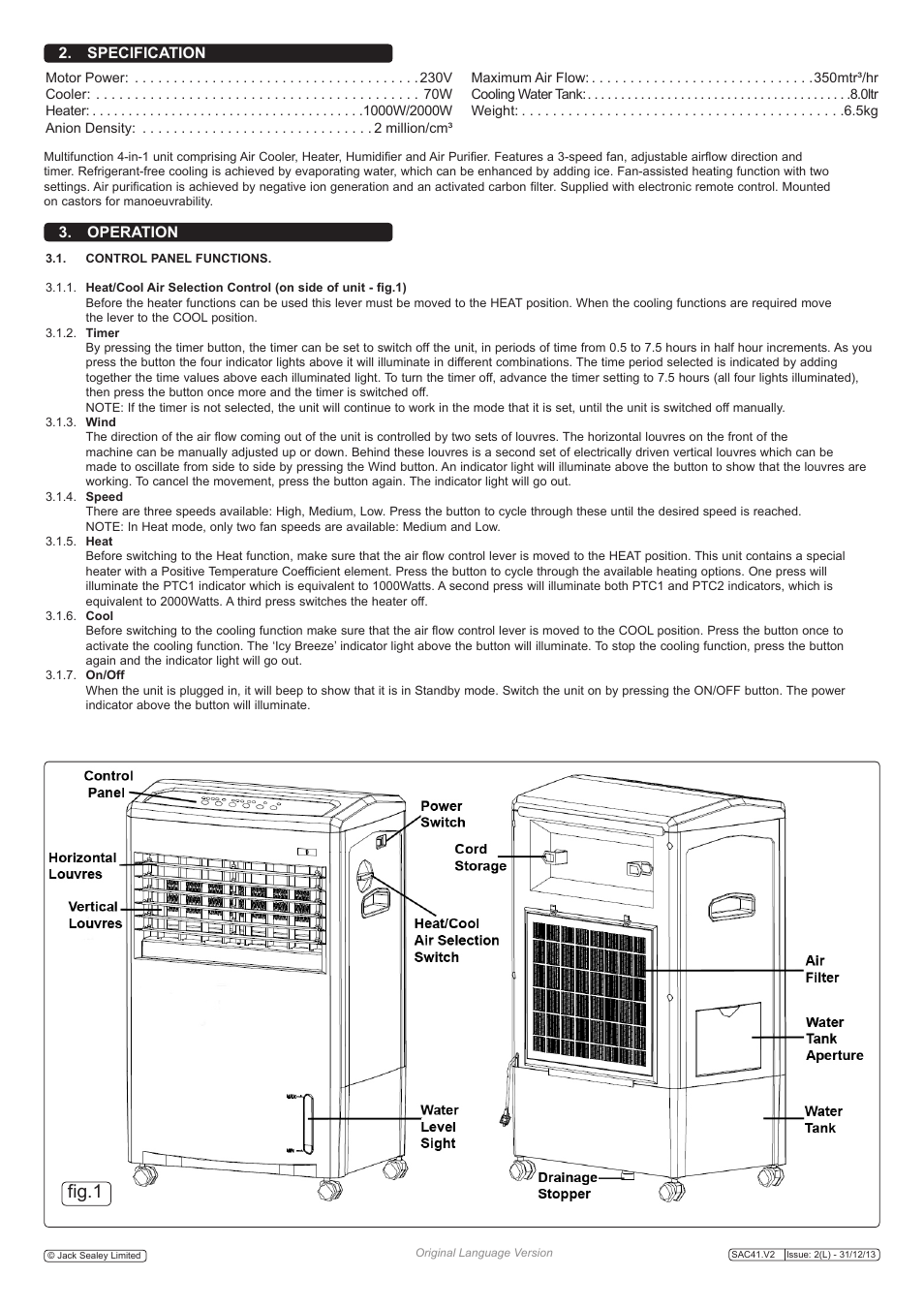 Fig.1, Specification 3. operation | Sealey SAC41 User Manual | Page 2 / 4