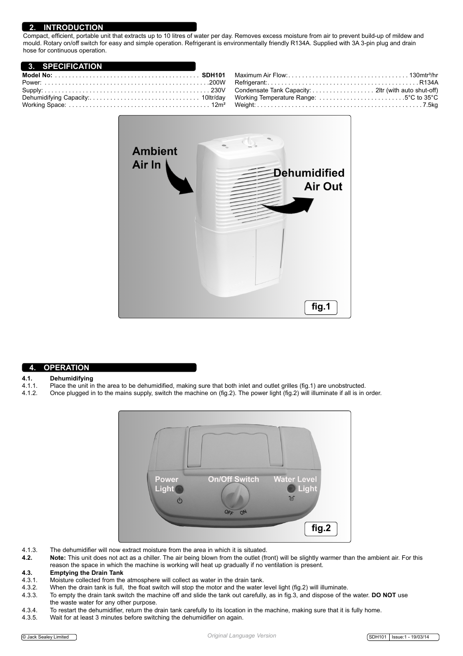 Fig.1 fig.2, Introduction 3. specification, Operation | Sealey SDH101 User Manual | Page 2 / 4