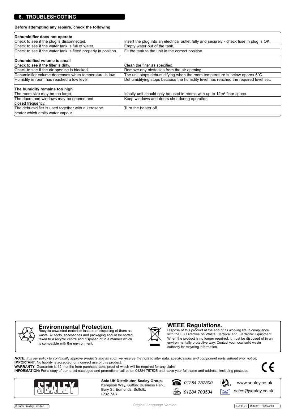 Environmental protection, Weee regulations, Troubleshooting | Sealey SDH101 User Manual | Page 4 / 4