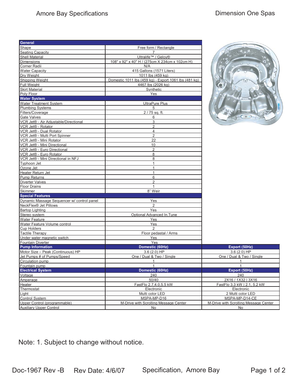 Dimension One Spas Amore Bay User Manual | 2 pages