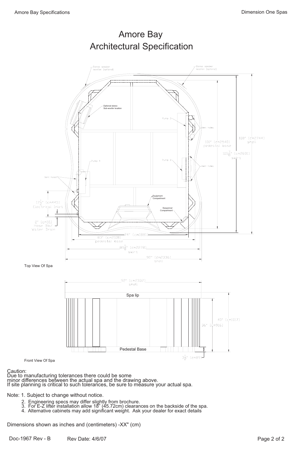 Amore bay, Architectural specification | Dimension One Spas Amore Bay User Manual | Page 2 / 2