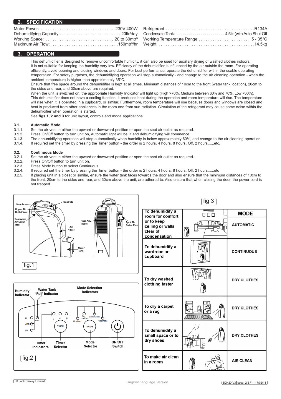 Fig.3 fig.1 fig.2, Specification 3. operation | Sealey SDH20 User Manual | Page 2 / 4