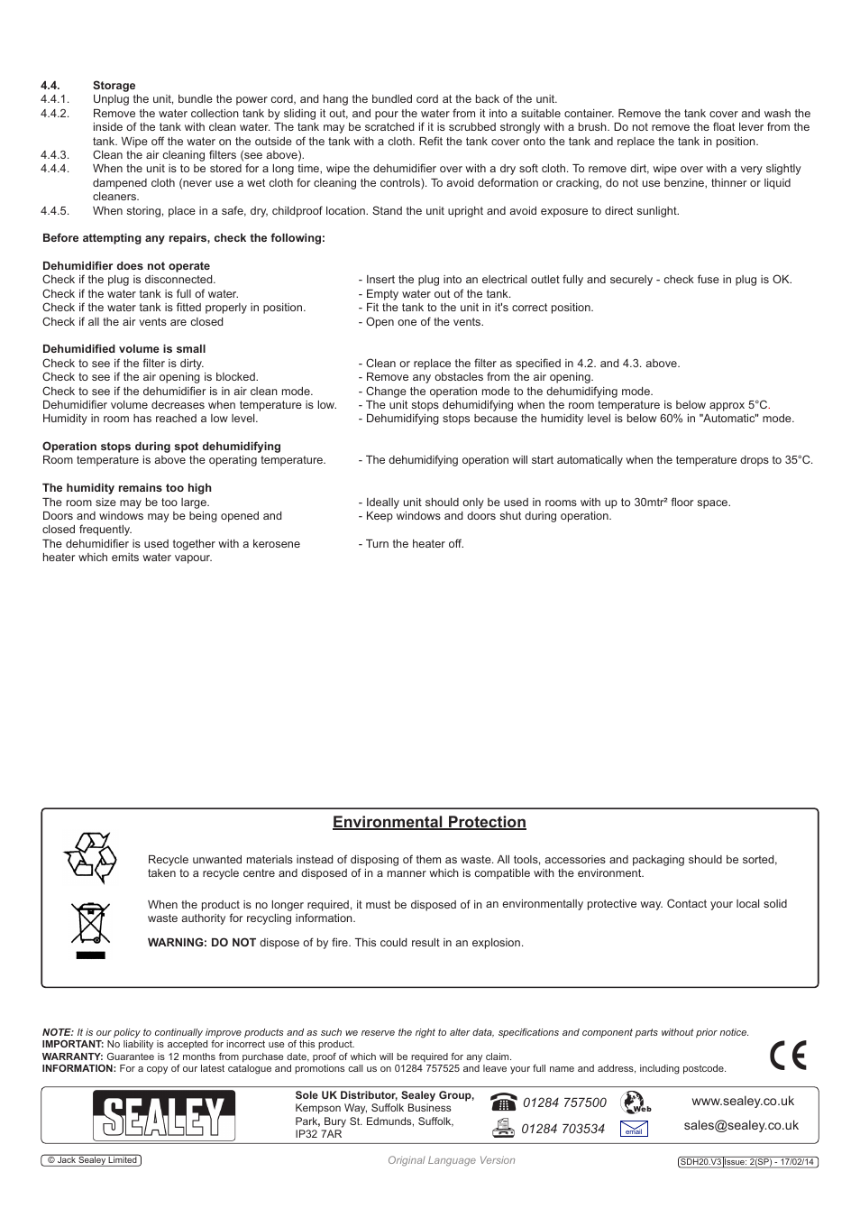 Environmental protection | Sealey SDH20 User Manual | Page 4 / 4