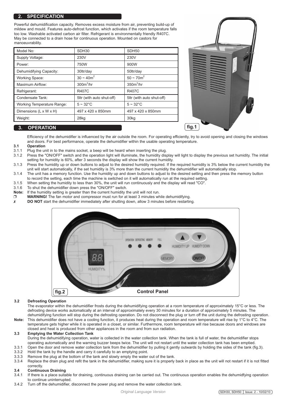 Specification 3. operation, Fig.1, Fig.2 control panel | Sealey SDH50 User Manual | Page 2 / 3