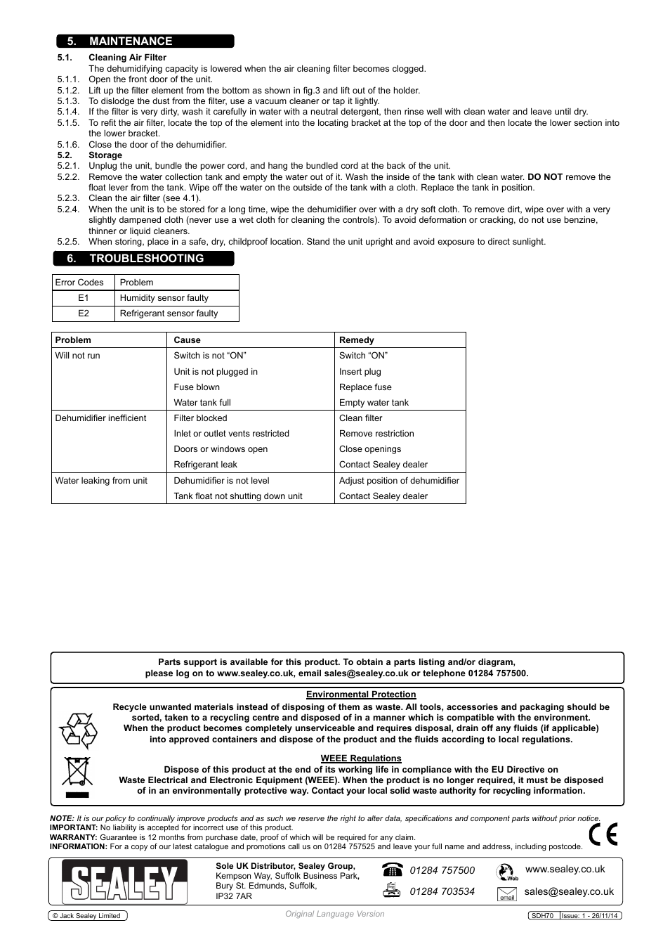 Troubleshooting, Maintenance | Sealey SDH70 User Manual | Page 4 / 4