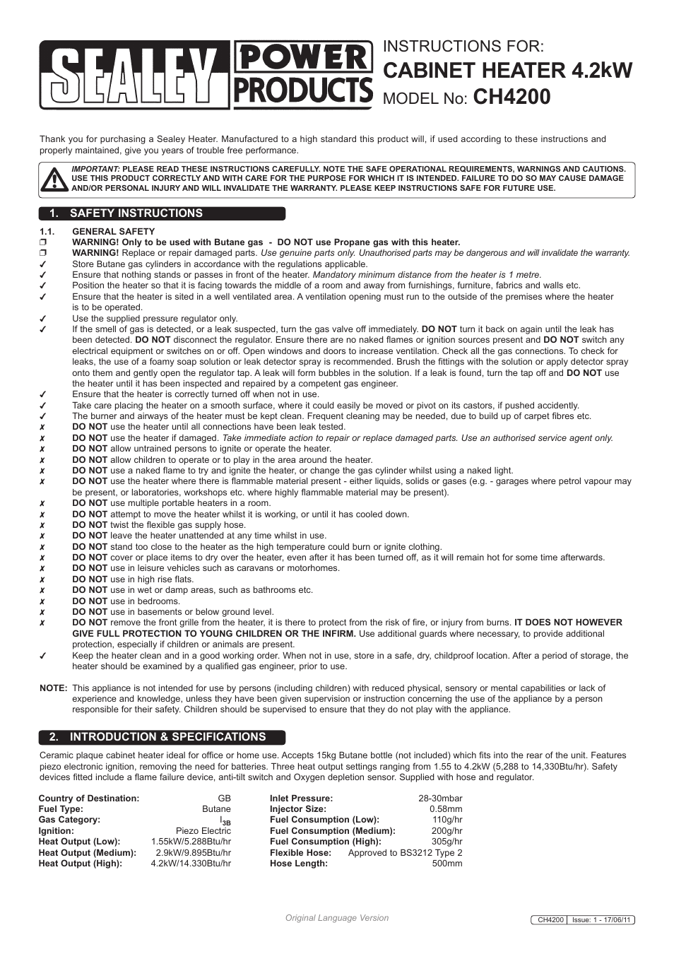 Sealey CH4200 User Manual | 3 pages