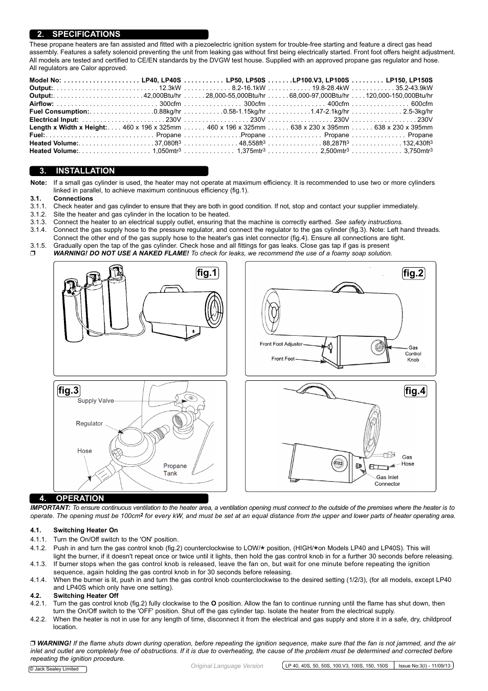 Fig.2 fig.4 fig.1, Fig.3, Installation | Specifications 4. operation | Sealey LP100 User Manual | Page 2 / 3