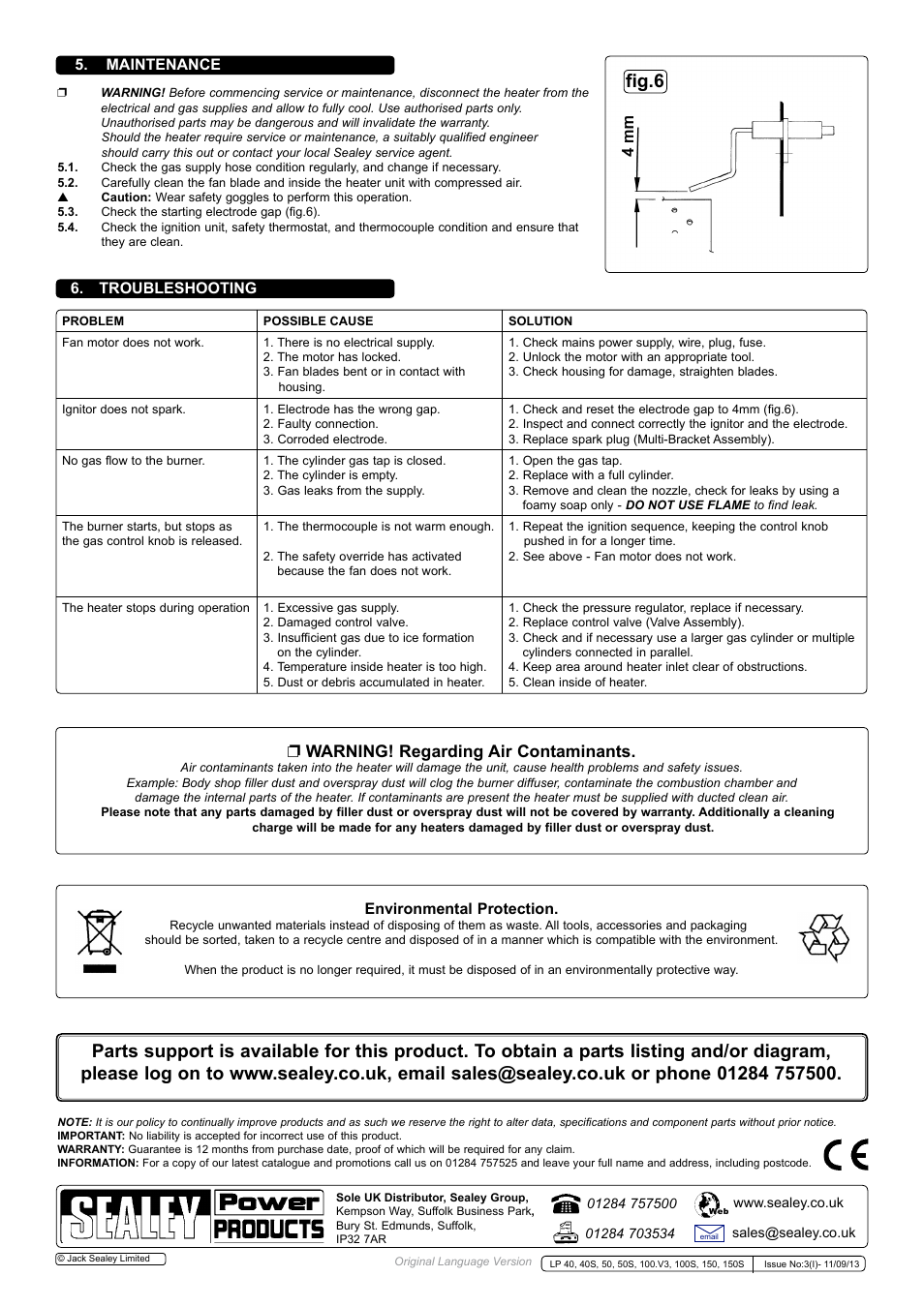 Warning! regarding air contaminants, Maintenance, Troubleshooting | Environmental protection | Sealey LP100 User Manual | Page 3 / 3